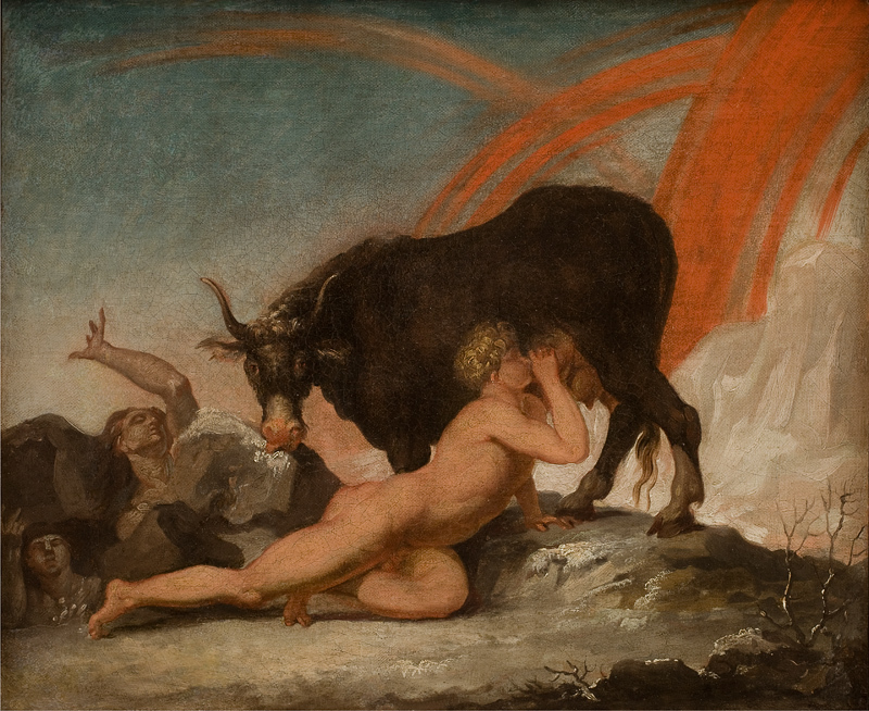 Ymir suga o úbere de Auðumbla enquanto ela lambe Búri para fora do gelo (Nicolai Abildgaard,1790)